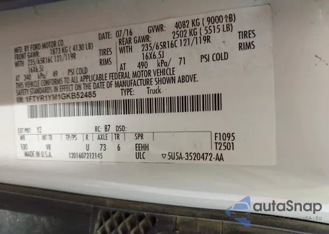 2016 Ford Transit-250 из США, поврежденный, VIN 1FTYR1YM1GKB52485